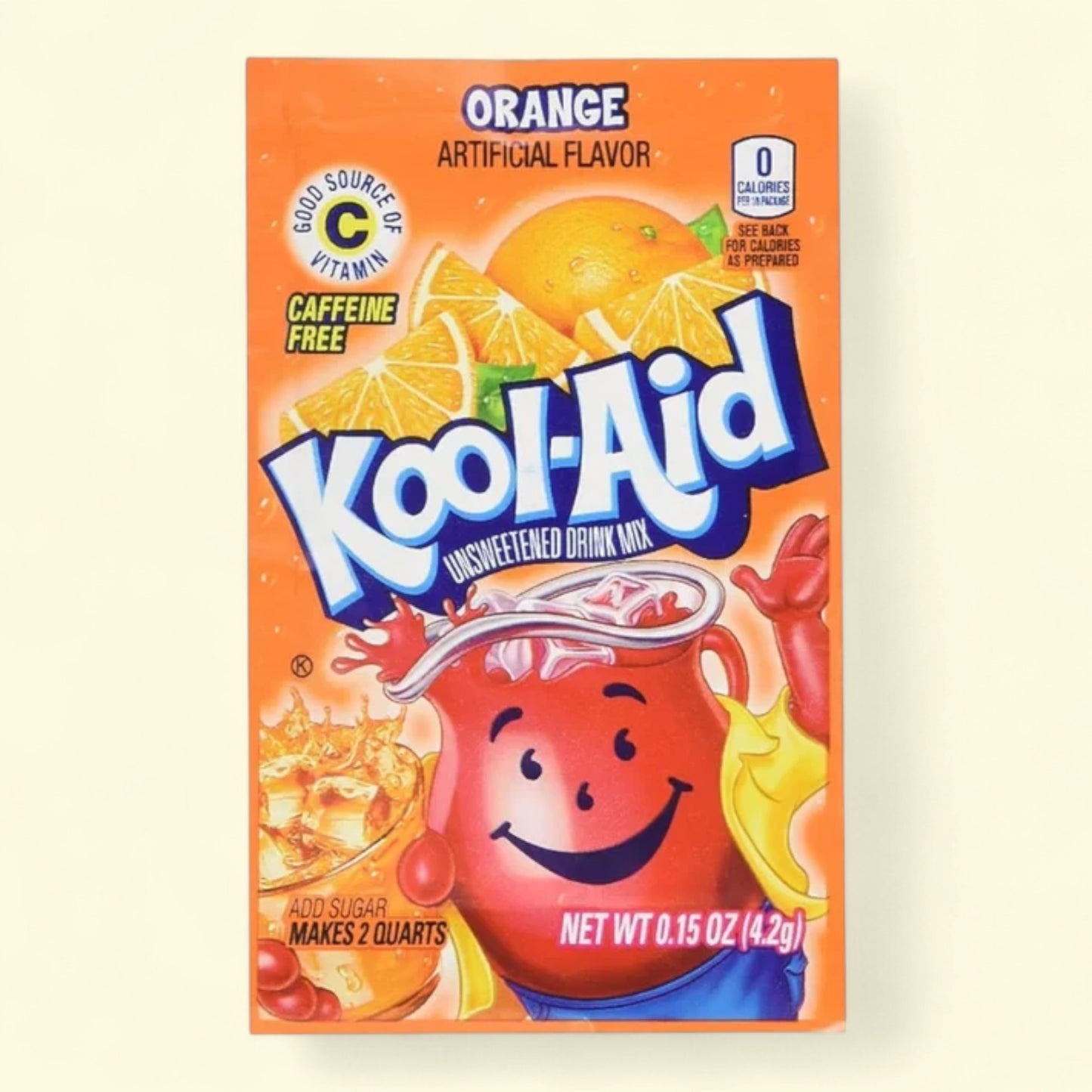 Treatspree Kool-Aid Zero Sugar Orange Drink Mix packet. Features Kool-Aid Man, oranges, and vitamin C. Caffeine-free.