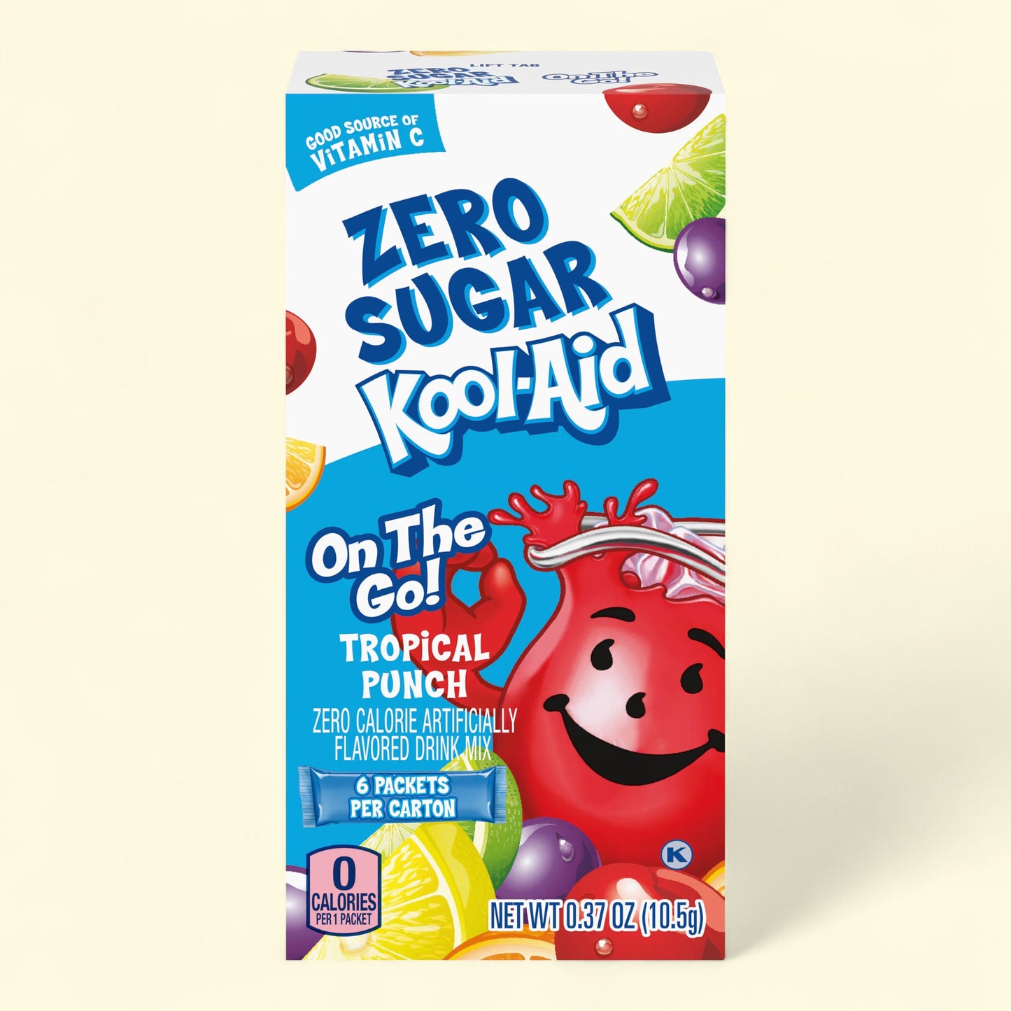 Treatspree Kool-Aid Zero Sugar Tropical Punch drink mix packets, 6 count. Zero sugar, zero calories, good source of Vitamin C.