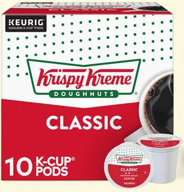 Treatspree Krispy Kreme Classic Medium Roast Coffee K-Cup Pods, 10 count. Box features red and white design with green polka dots.
