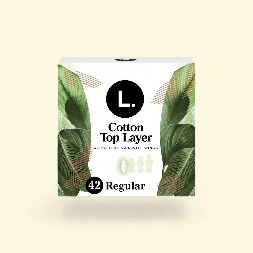 Treatspree L. Ultra Thin Pads with wings, organic cotton top layer, 42 count regular absorbency. Unscented.