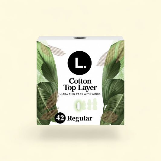 Treatspree L. Ultra Thin Pads with wings, organic cotton top layer, 42 count regular absorbency. Unscented.