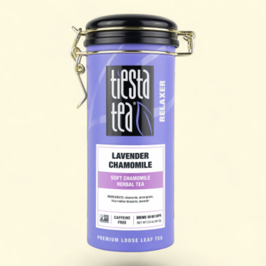 Treatspree Lavender Chamomile loose leaf herbal tea in a purple tin, caffeine-free, 2 oz.