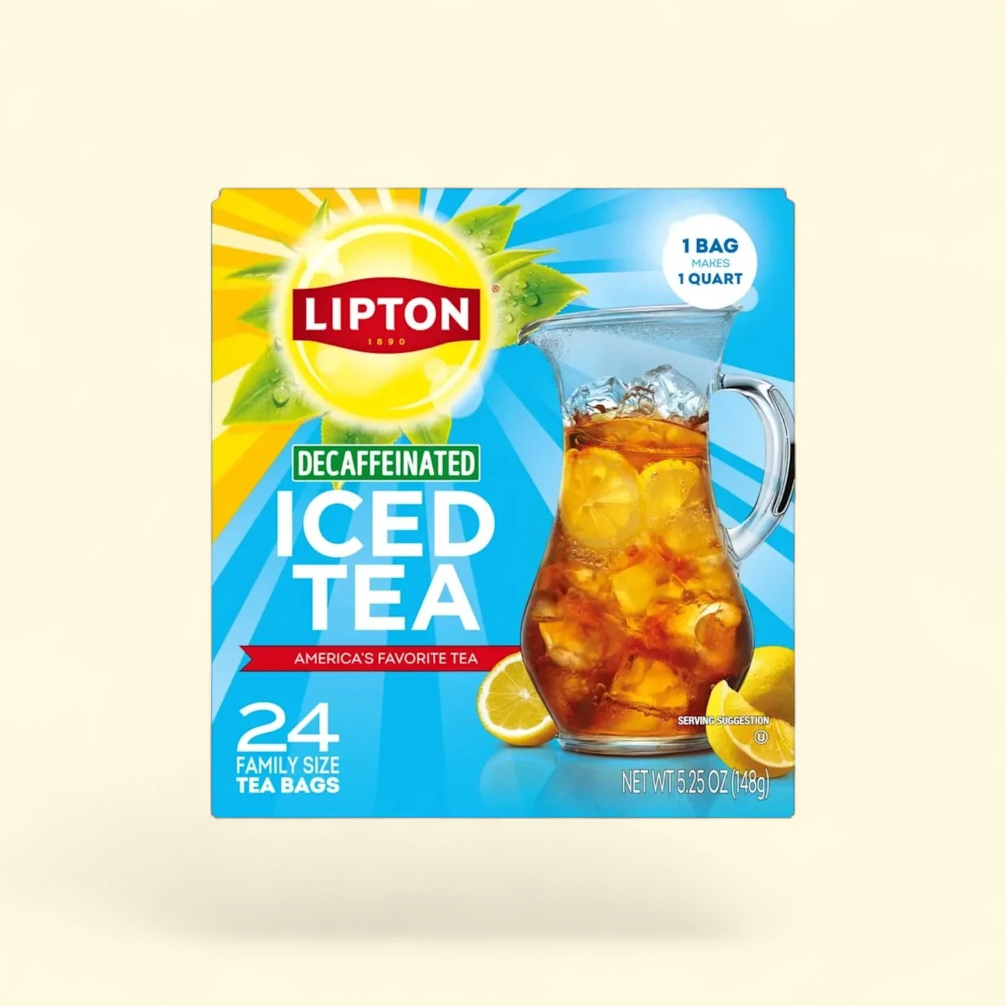 Treatspree Lipton Family Unsweetened Decaffeinated Black Iced Tea Bags, 24 family size bags. Features a pitcher of iced tea with lemon slices and ice.