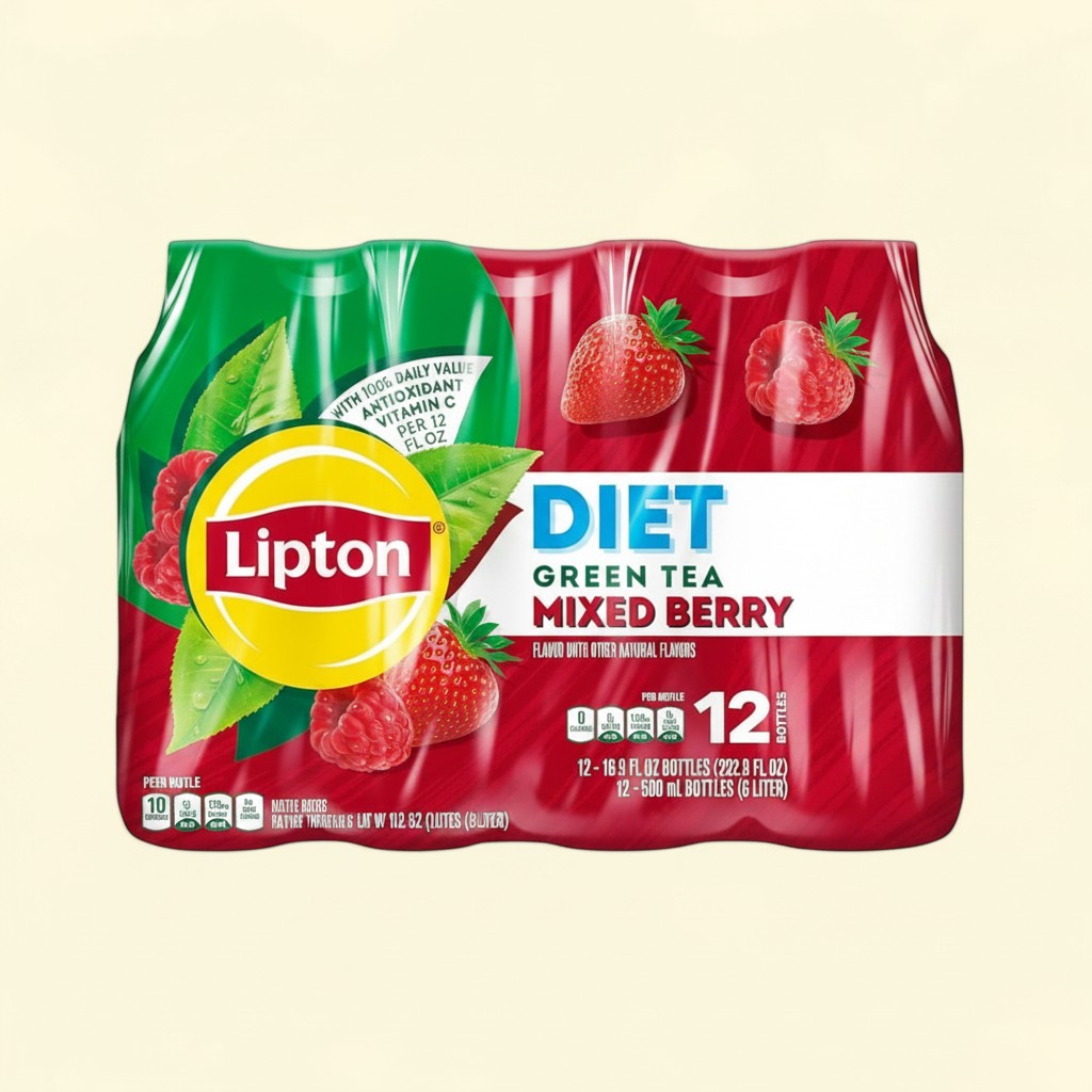 Treatspree Lipton Diet Mixed Berry Green Iced Tea 12-pack with a single bottle. Features strawberries and raspberries.
