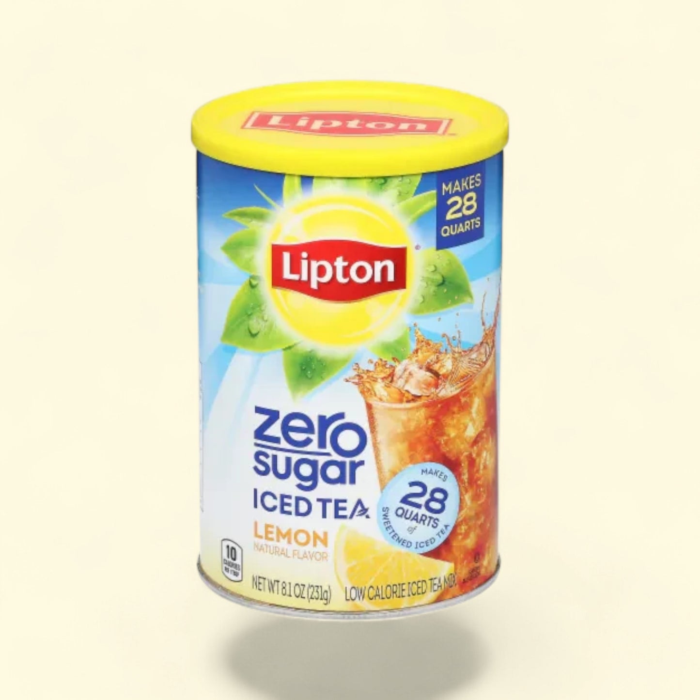 Treatspree Lipton Lemon Zero Sugar Iced Tea Mix canister. Features a yellow lid and a blue label with a sun graphic, green leaves, and a glass of iced tea.