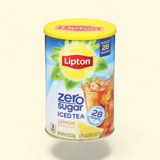 Treatspree Lipton Lemon Zero Sugar Iced Tea Mix canister. Features a yellow lid and a blue label with a sun graphic, green leaves, and a glass of iced tea.