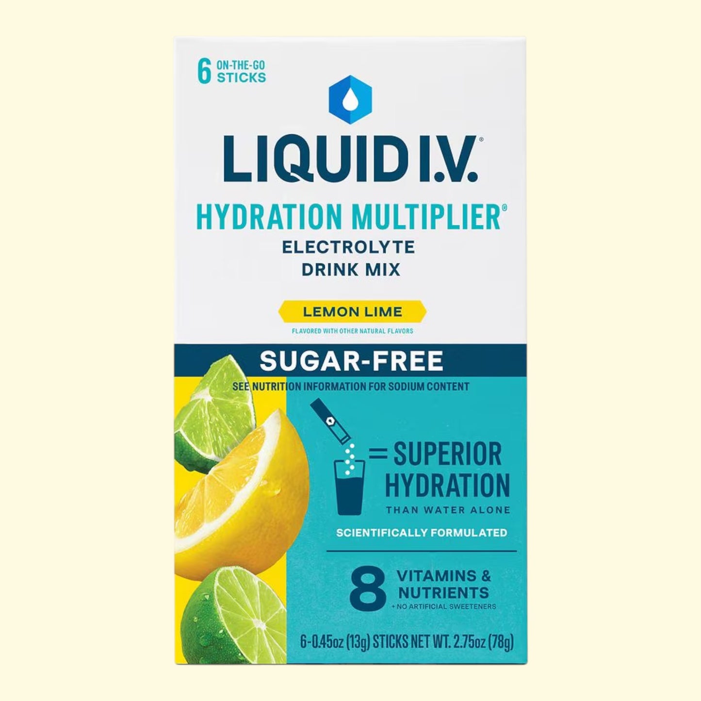 Treatspree Liquid I.V. Hydration Multiplier Sugar-Free Lemon Lime electrolyte drink mix 6 ct box with lemons and limes.