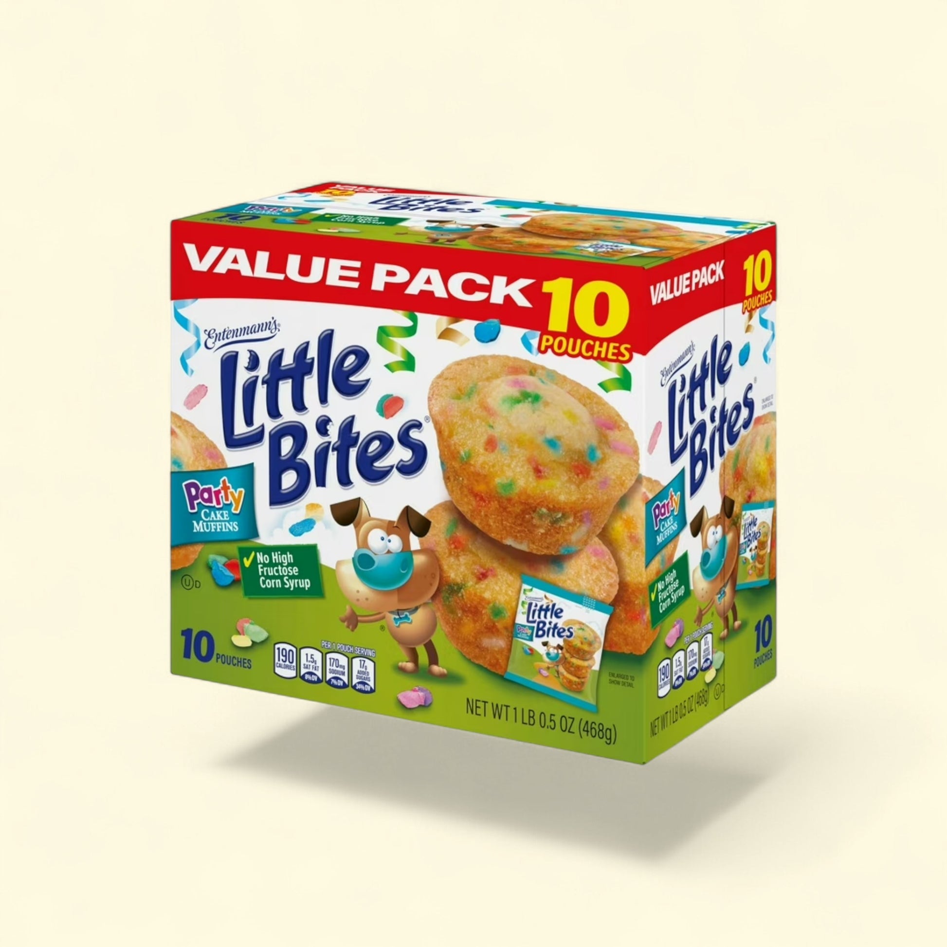 Treatspree Entenmann's Little Bites Party Cake Muffins, 10 pouches, golden mini muffins with rainbow sprinkles, no high fructose corn syrup.