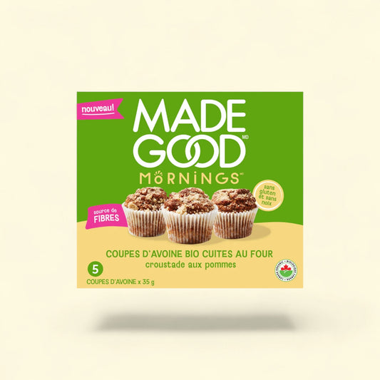 Treatspree MadeGood Apple Crumble Oat Cups are muffin-style snacks with a crumble topping, made with oats and fruit. Gluten-free and nut-free.