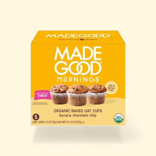Treatspree MadeGood Banana Chocolate Chip Organic Baked Oat Cups, 5-count box. Allergy-friendly, nut-free, gluten-free.