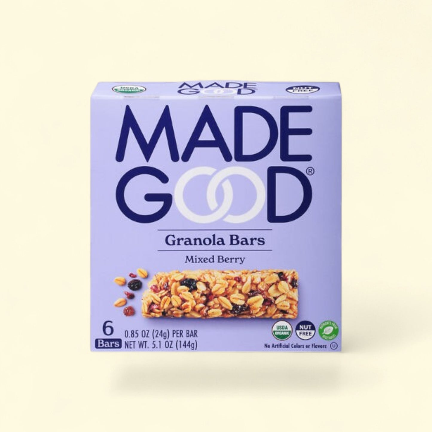 Treatspree MadeGood Mixed Berry Granola Bars, gluten-free, nut-free, organic, with oats, cranberries, raspberries, and blueberries.