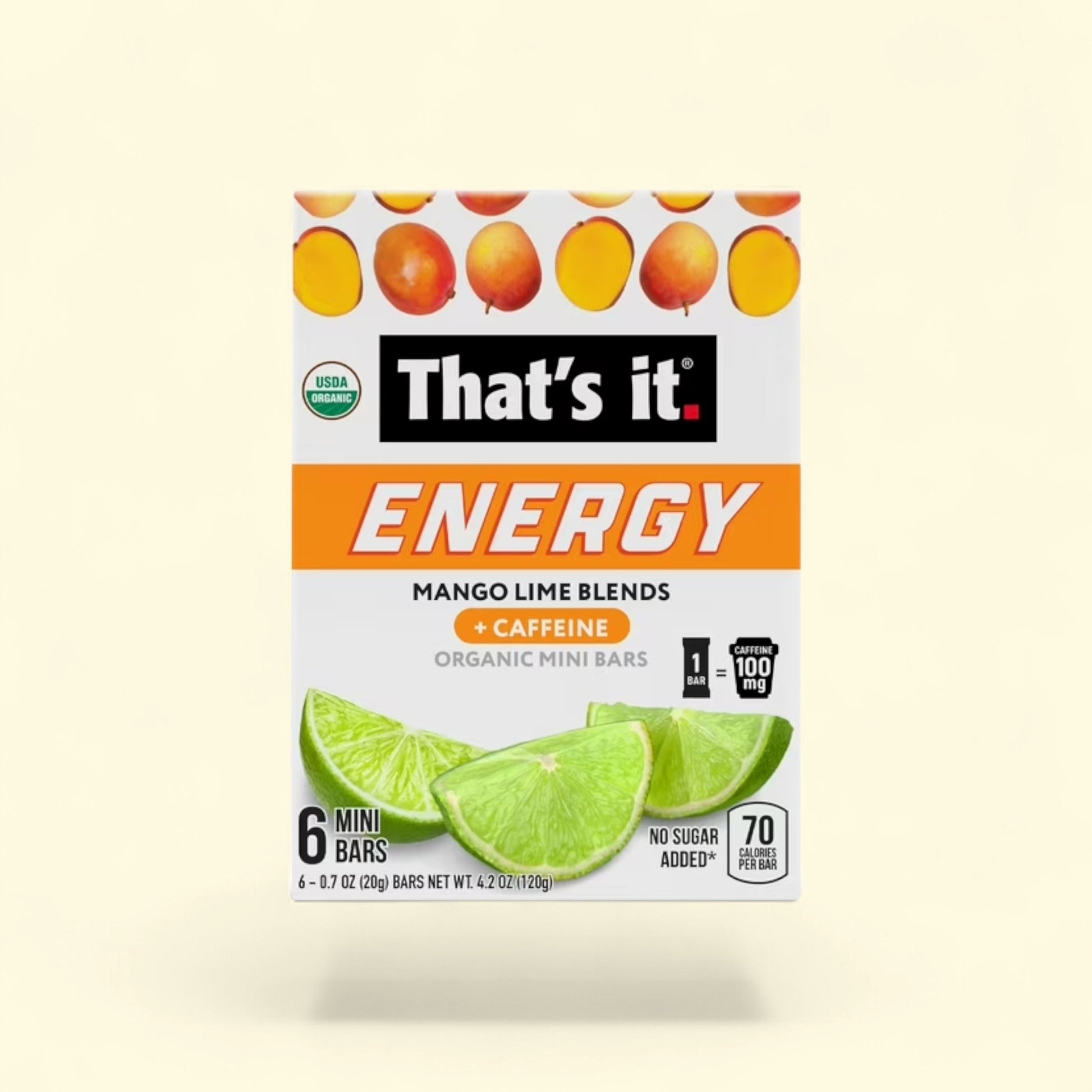 Treatspree That's It. Mango Lime Blends Energy Bars, 6 mini bars, organic, caffeine, no sugar added, 70 calories per bar.