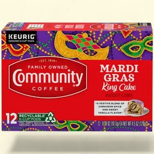 Treatspree Community Coffee Mardi Gras King Cake K-Cup Pods, 12 count. Festive blend of cinnamon spice and sweet vanilla flavor.
