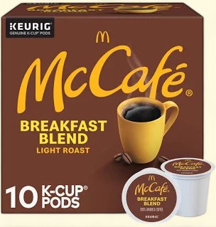 Treatspree McCafe Breakfast Blend light roast K-Cup coffee pods, 10 count. Made with 100% Arabica beans.