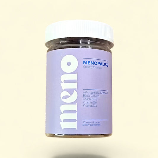 Treatspree MENO Menopause Relief Gummy Vitamins bottle with two berry-flavored gummies on the side.