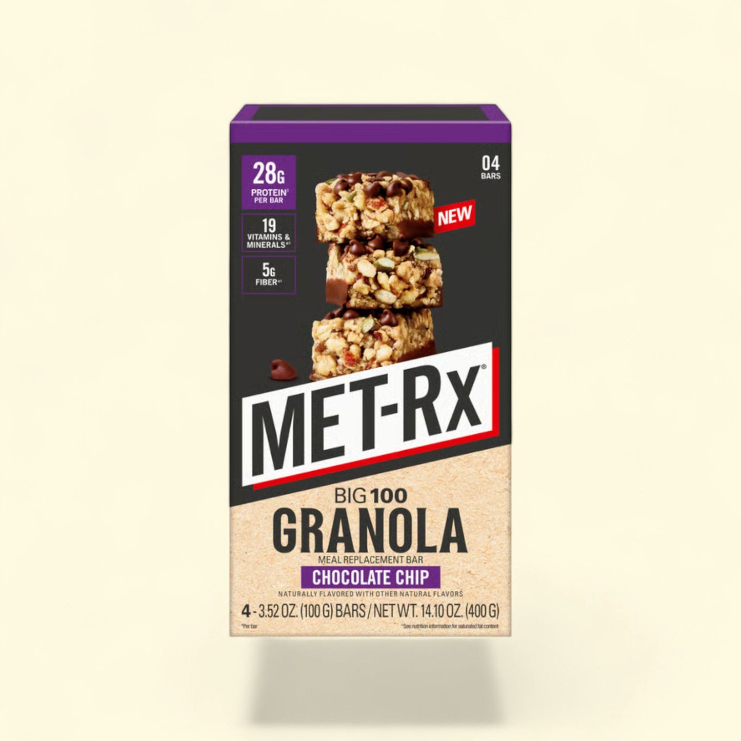 Treatspree MET-Rx Big 100 Granola Chocolate Chip Protein Meal Replacement Bars, 4ct. Features 28g protein, 19 vitamins & minerals, 5g fiber.