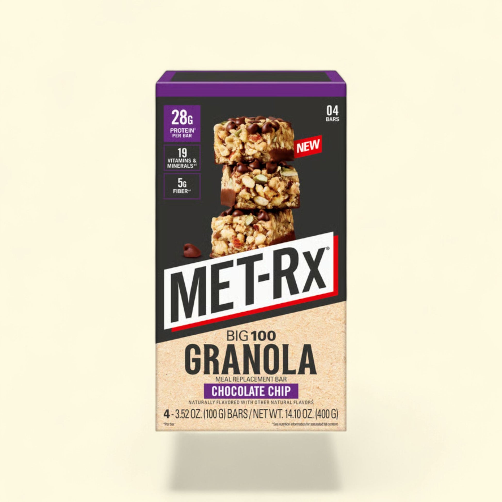 Treatspree MET-Rx Big 100 Granola Chocolate Chip Protein Meal Replacement Bars, 4ct. Features 28g protein, 19 vitamins & minerals, 5g fiber.