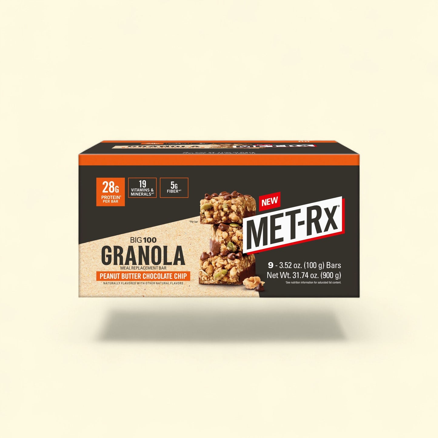 Treatspree Met-Rx Big 100 Granola Peanut Butter Chocolate Chip Protein Meal Replacement Bars, 9ct. Each bar has 28g protein, 19 vitamins & minerals, and 5g fiber.
