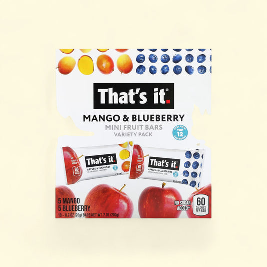 Treatspree That's It. Mini Fruit Bars Mango Blueberry variety pack. Two fruit bars, one mango and one blueberry flavor, with apples and mangoes or apples and blueberries. Gluten-free, vegan, allergen-free.