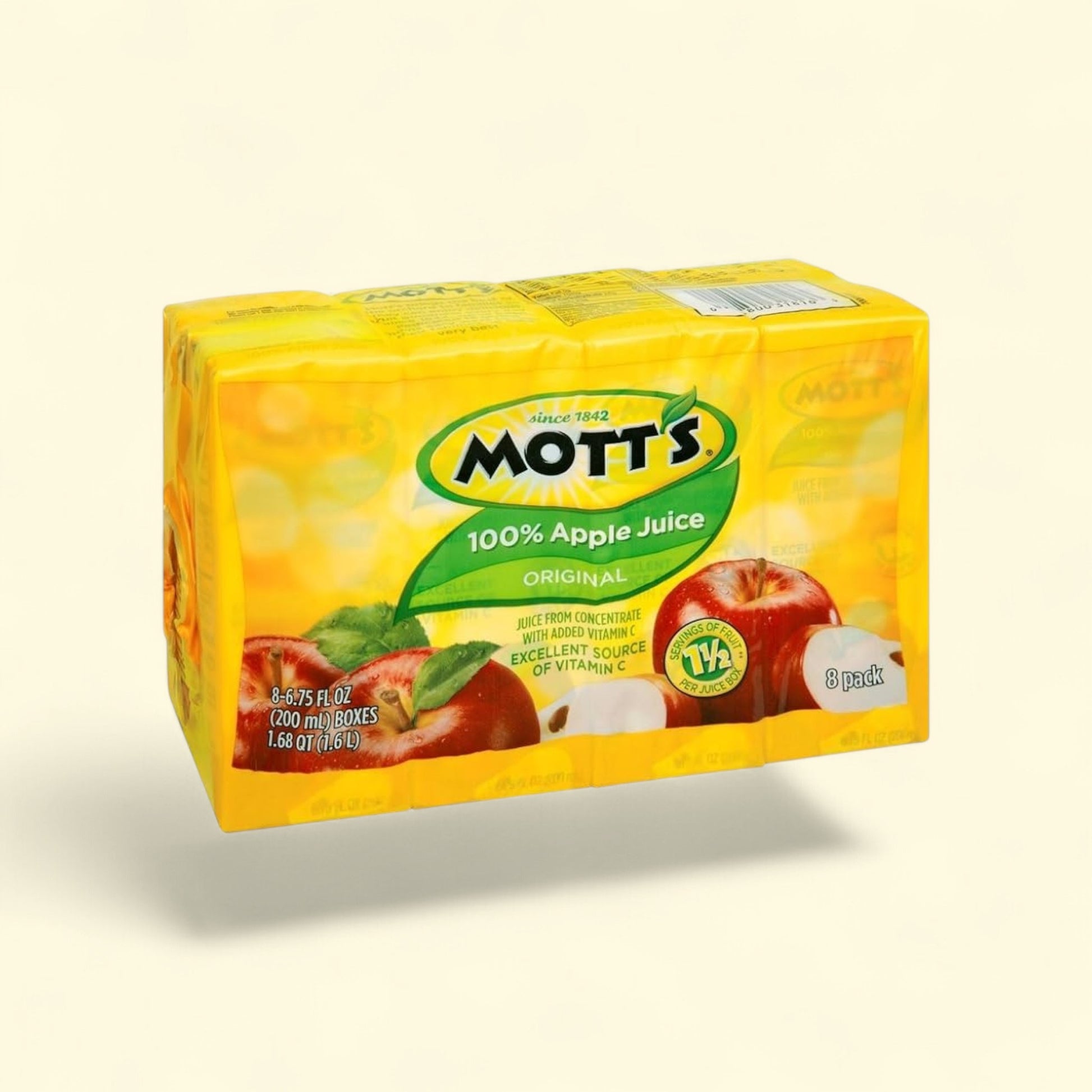 Treatspree Mott's 100% Original Apple Juice boxes, 8 pack, 8.45 oz each. Made from concentrate with added Vitamin C.