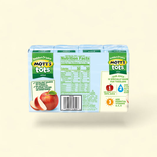 Treatspree Mott's for Tots Apple Juice Boxes, 6 count, 8.45 oz each. Features nutrition facts and an image of a red apple with slices.