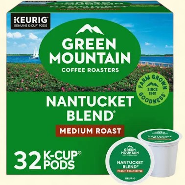 Treatspree Green Mountain Coffee Roasters Nantucket Blend Medium Roast K-Cup Pods, 32 count. Rich, complex blend with caramel, chocolate, and dried fruit notes.