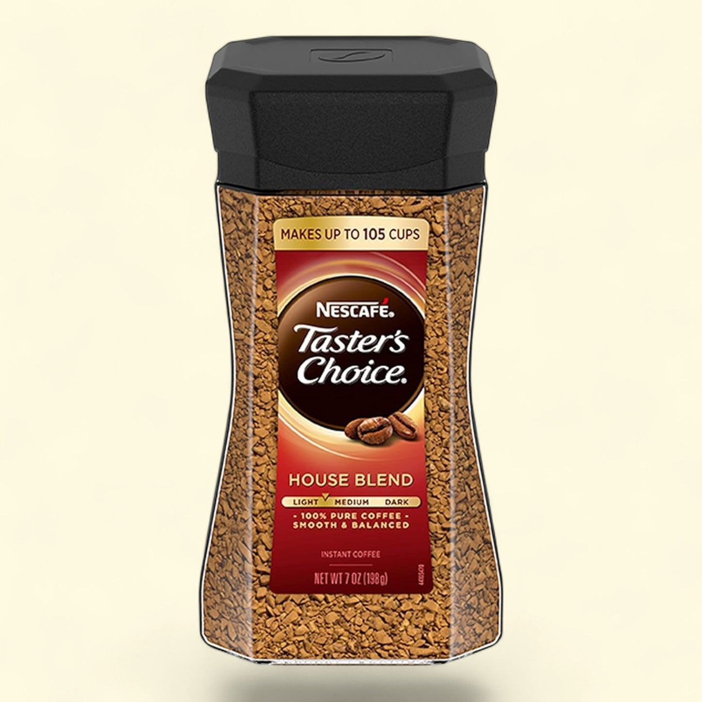 Treatspree NESCAFÉ Taster's Choice House Blend medium-light roast instant coffee in a hexagonal jar with a black lid.