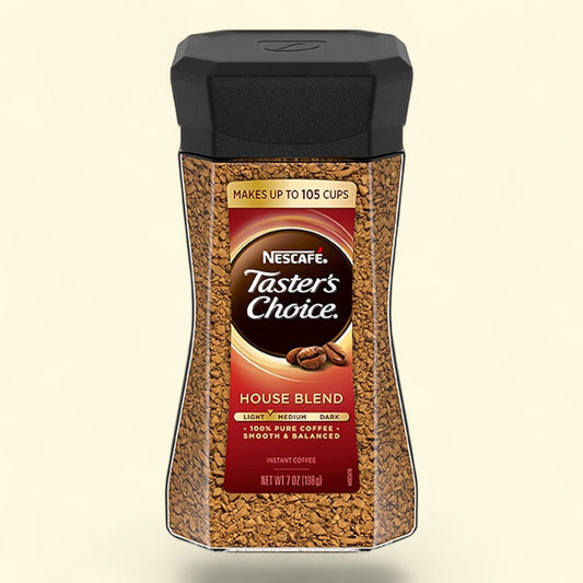 Treatspree NESCAFÉ Taster's Choice House Blend medium-light roast instant coffee in a hexagonal jar with a black lid.