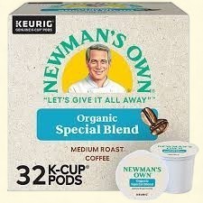 Treatspree Newman's Own Special Blend Medium Roast Organic K-Cup Coffee Pods, 32 count box with two K-cups shown.