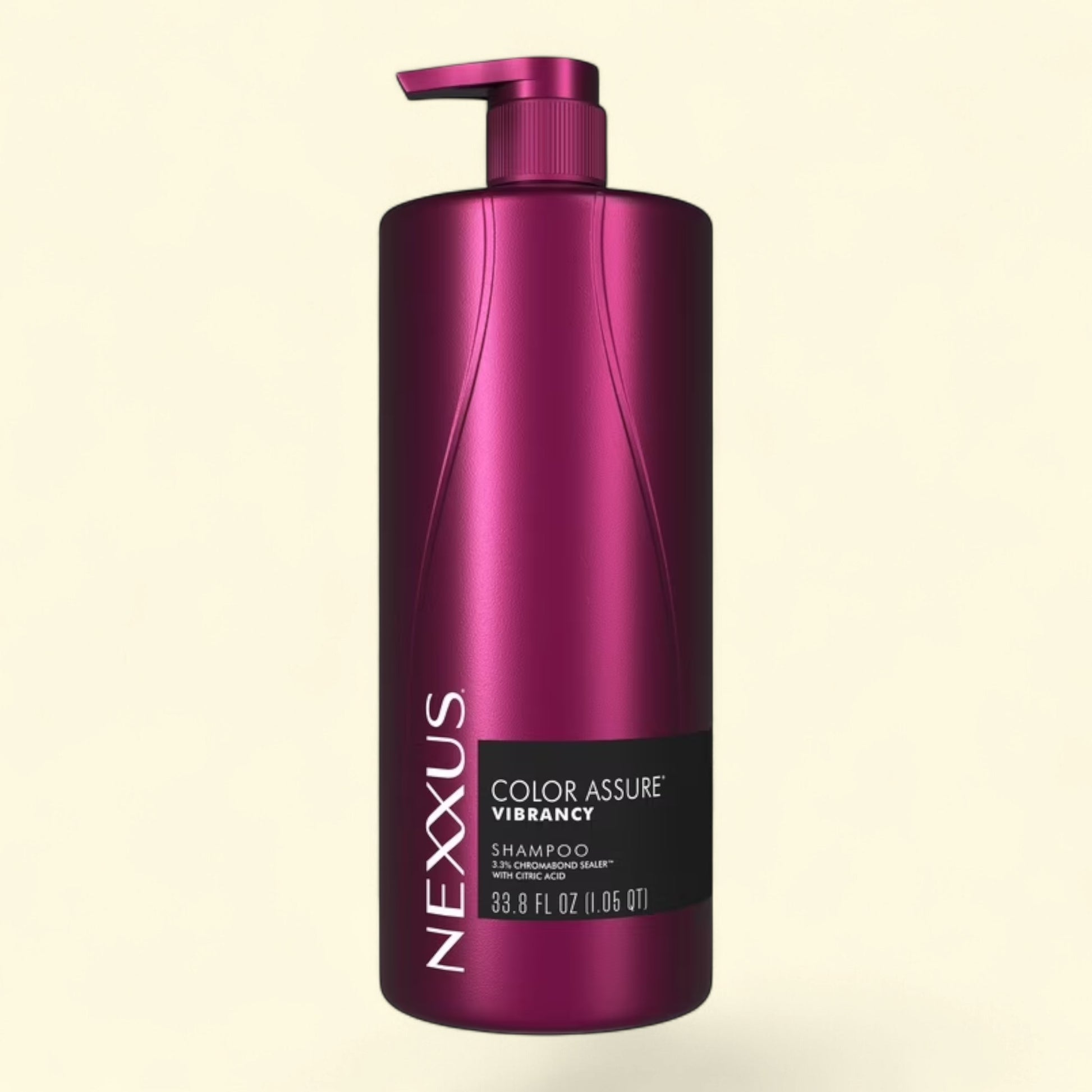 Treatspree Nexxus Color Assure Vibrancy shampoo bottle with pump dispenser, 33.8 oz, in metallic magenta.