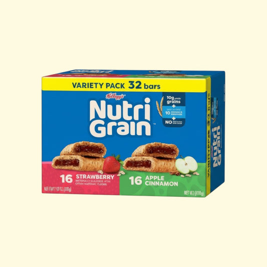 Treatspree Nutri-Grain variety pack with 16 strawberry and 16 apple cinnamon soft baked breakfast bars. Each bar has 10g whole grains and 10 vitamins & minerals.