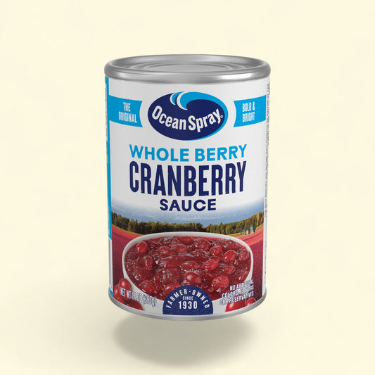 Treatspree Ocean Spray Whole Berry Cranberry Sauce can, 14 oz. Features whole cranberries in a rich sauce.
