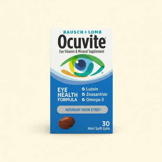 Treatspree Ocuvite Eye Health Eye Vitamin & Mineral Supplement box with 30 mini soft gels, featuring Lutein, Zeaxanthin, and Omega-3.