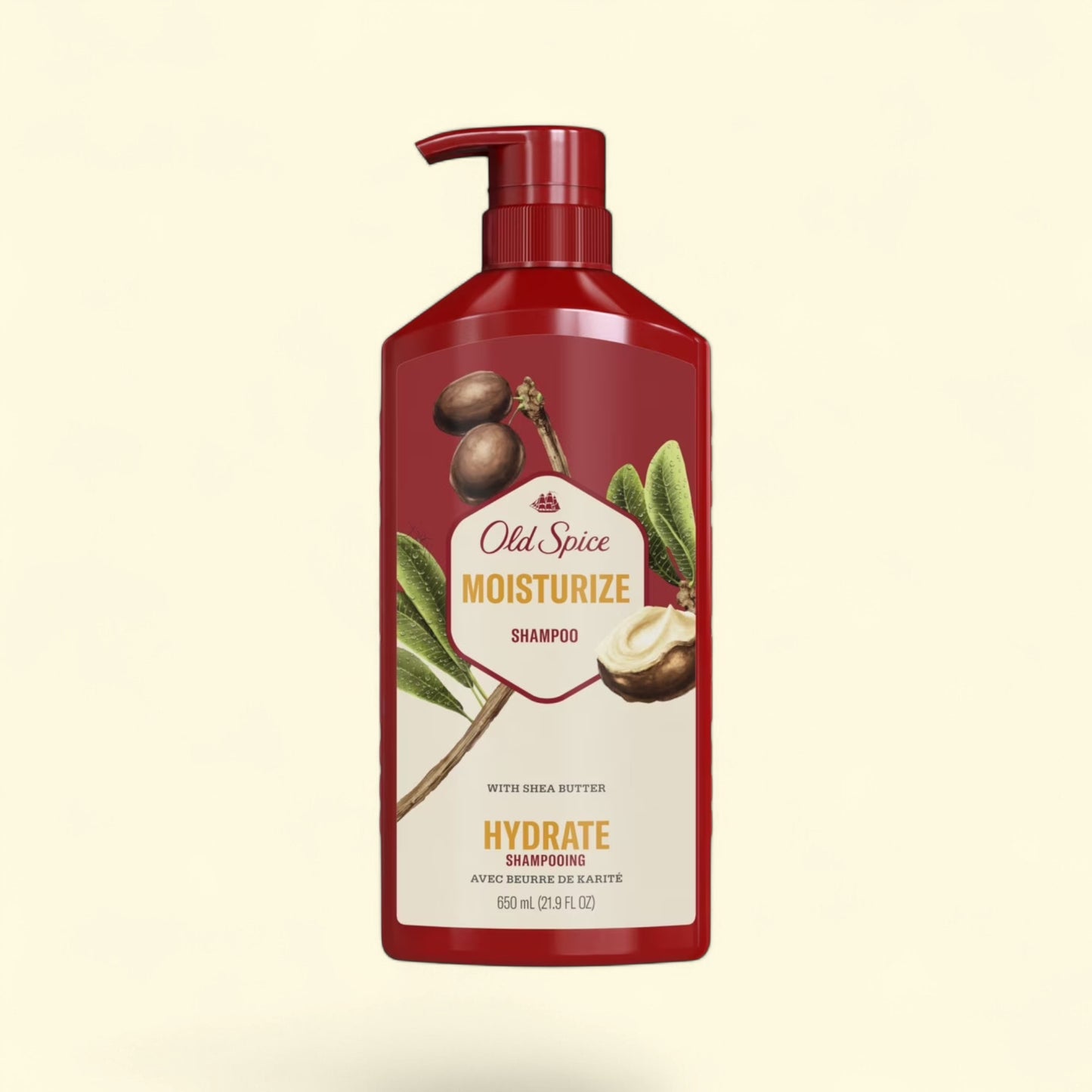 Treatspree Old Spice Moisturize Shampoo with Shea Butter, 22 fl oz bottle. Red bottle with cream label featuring shea nuts and leaves.
