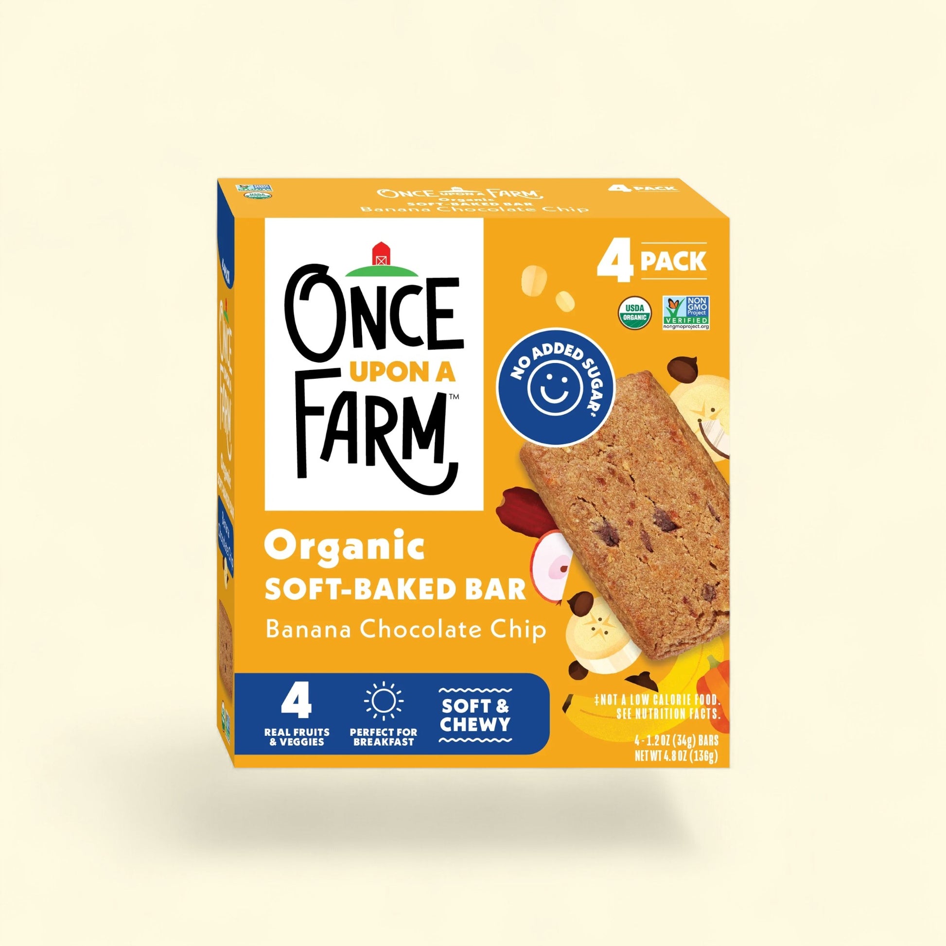 Treatspree Once Upon a Farm Organic Banana Chocolate Chip Soft-Baked Bar, 4 pack. Made with real fruit, veggies, and whole grain oats. No added sugar.