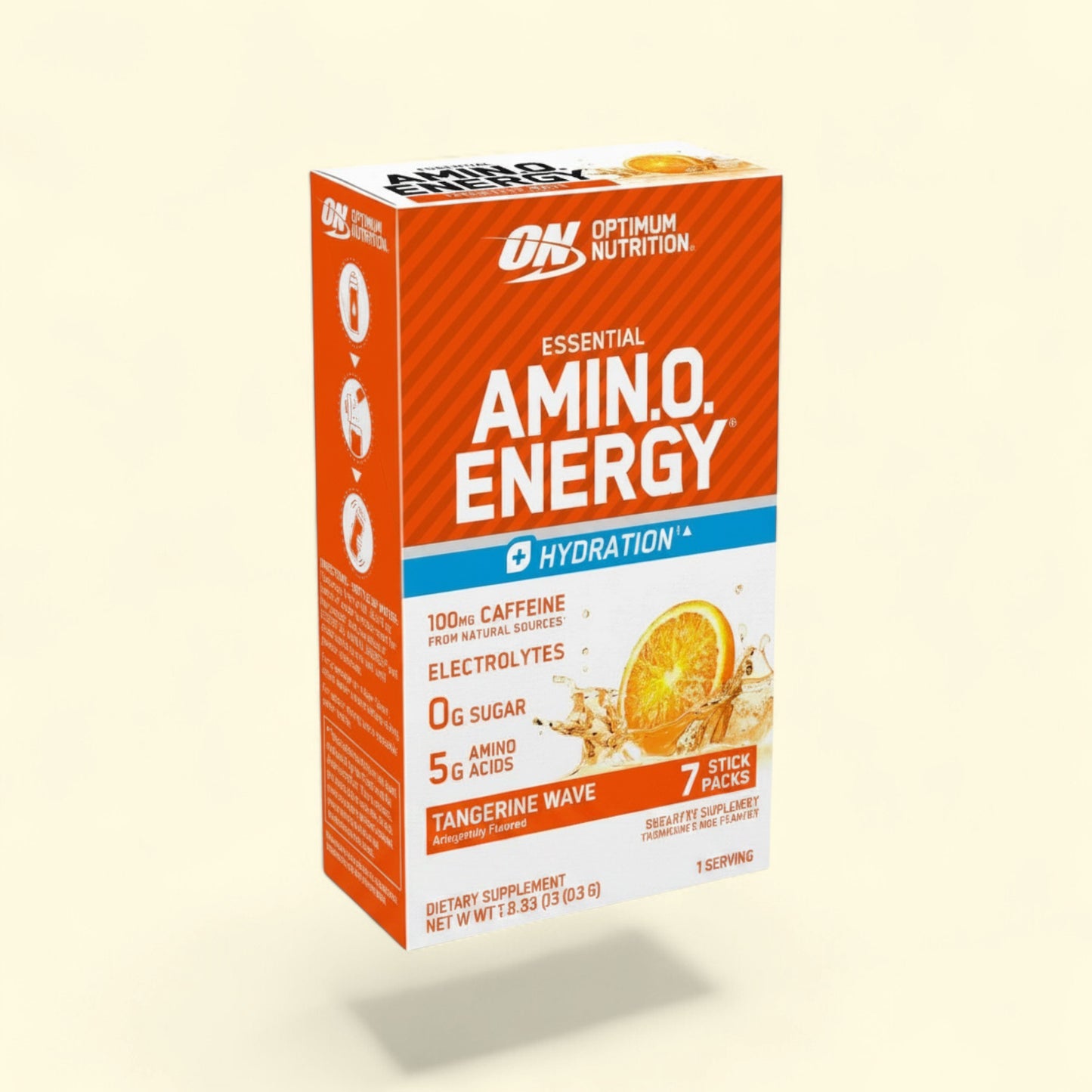 Treatspree Optimum Nutrition Essential Amino Energy stick packs in Tangerine Wave flavor, 7 count box with one stick pack shown.