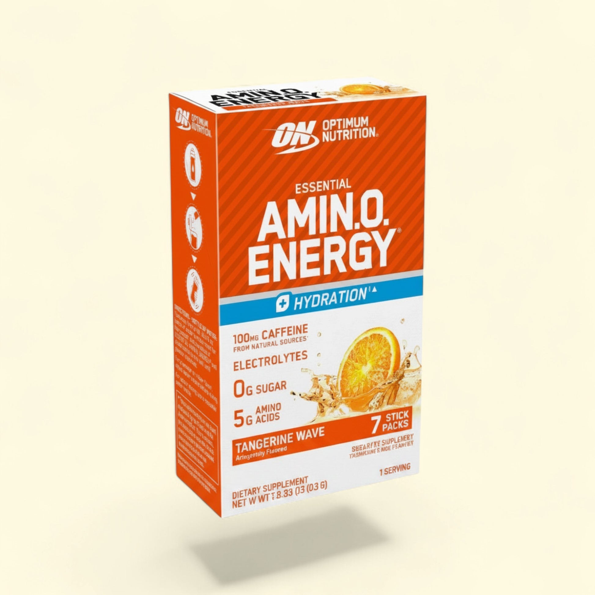 Treatspree Optimum Nutrition Essential Amino Energy stick packs in Tangerine Wave flavor, 7 count box with one stick pack shown.