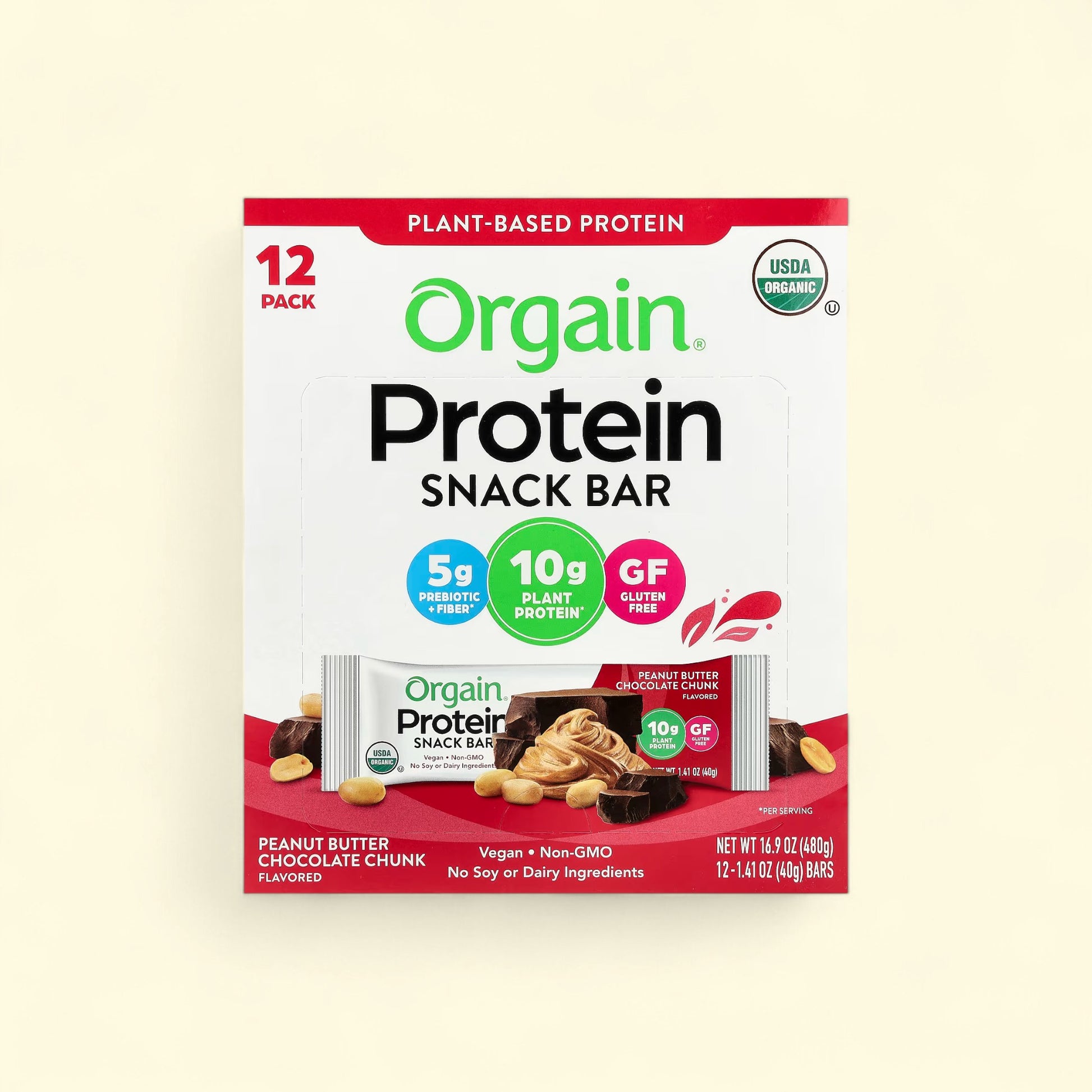 Treatspree Orgain Organic Vegan Protein Bar, Peanut Butter Chocolate Chip flavor, 12 count pack. 10g plant protein, 5g prebiotic fiber, gluten-free.