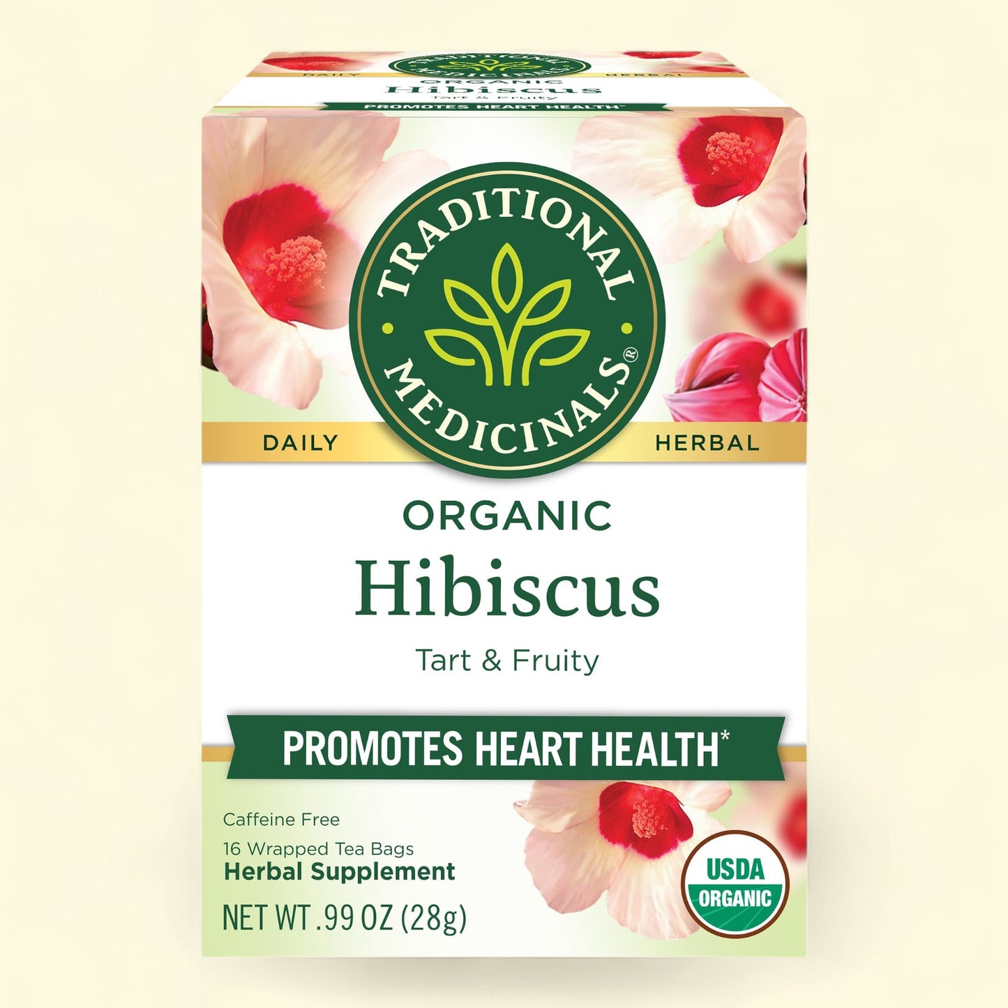 Treatspree Traditional Medicinals Organic Hibiscus Herbal Tea, tart & fruity flavor, caffeine-free, 16 wrapped tea bags.