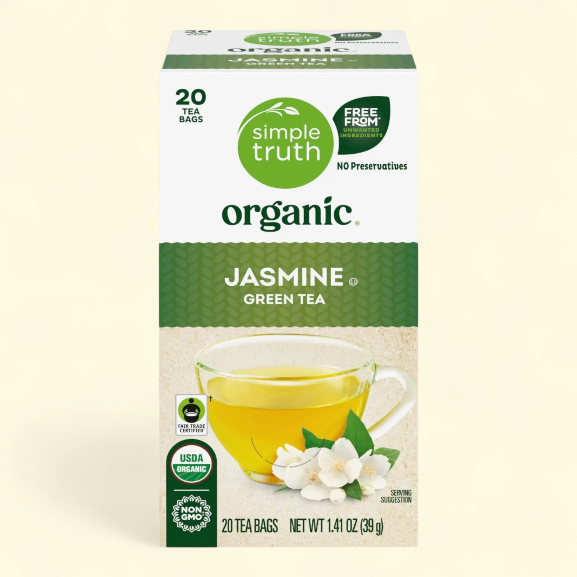 Treatspree Simple Truth Organic Jasmine Green Tea Bags, 20 count box with a cup of brewed tea and jasmine flowers.