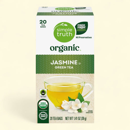 Treatspree Simple Truth Organic Jasmine Green Tea Bags, 20 count box with a cup of brewed tea and jasmine flowers.
