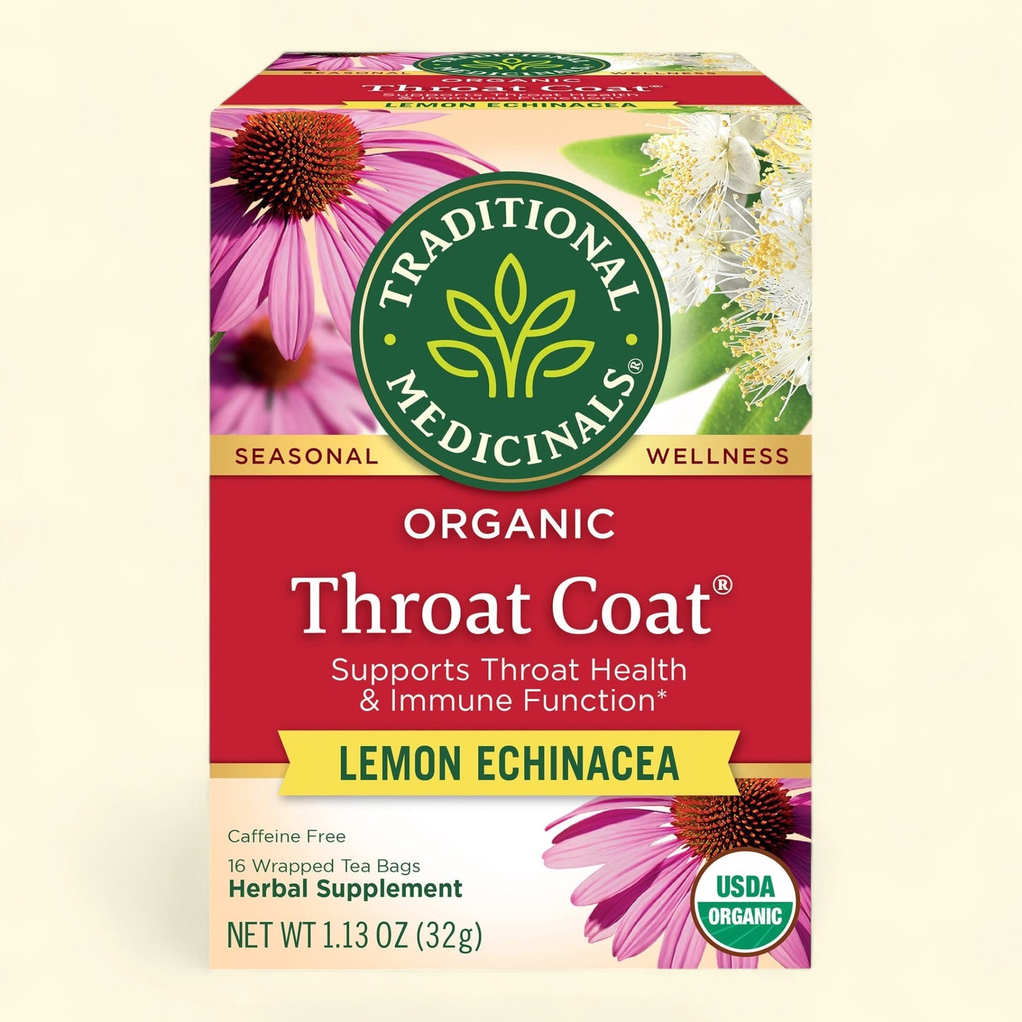 Treatspree Traditional Medicinals Organic Throat Coat Lemon Echinacea Tea, 16 wrapped tea bags, caffeine-free herbal supplement.