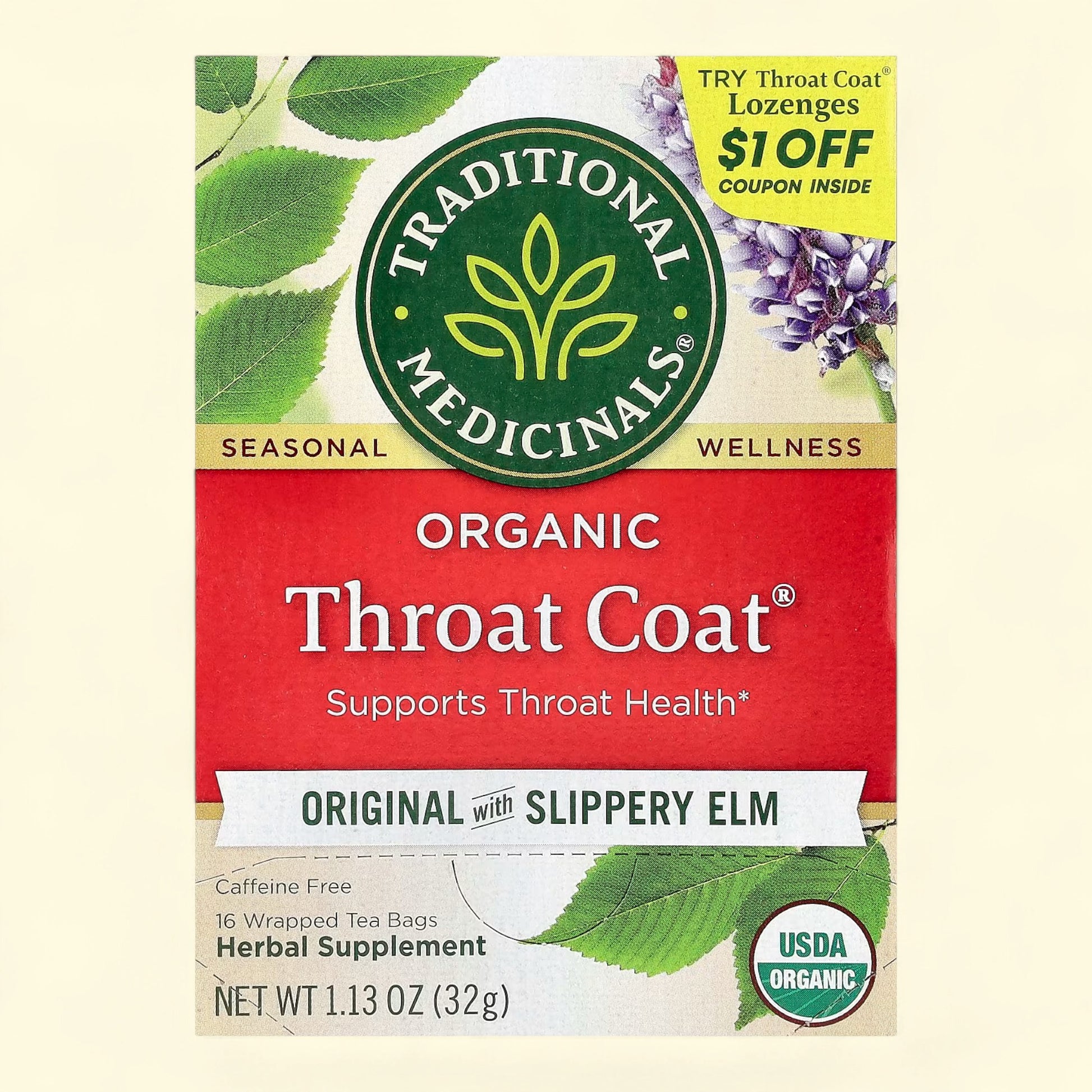 Treatspree Organic Throat Coat Tea with Slippery Elm, caffeine-free herbal supplement, 16 wrapped tea bags.
