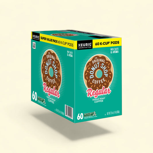 Treatspree The Original Donut Shop Regular Medium Roast K-Cup Coffee Pods, 60 count box with donuts and text.