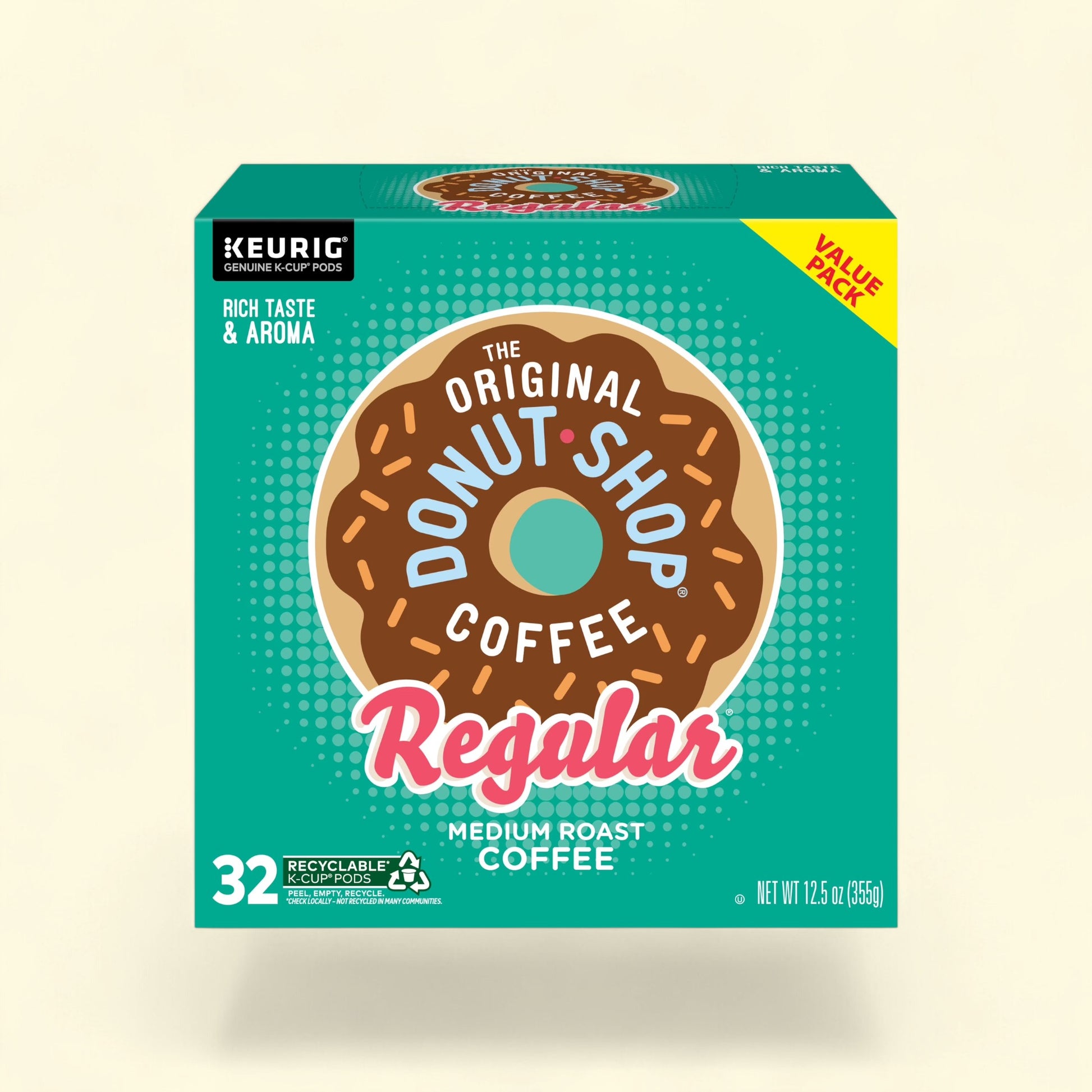 Treatspree The Original Donut Shop Regular Medium Roast K-Cup Coffee Pods, 32 count, featuring a donut graphic.