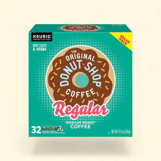 Treatspree The Original Donut Shop Regular Medium Roast K-Cup Coffee Pods, 32 count, featuring a donut graphic.