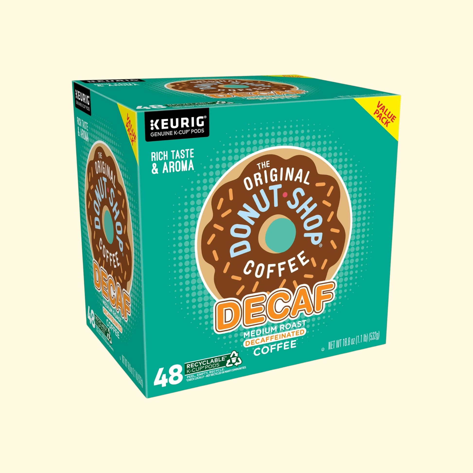 Treatspree The Original Donut Shop Decaf Medium Roast K-Cup Coffee Pods, 48 count. Features a donut graphic and teal packaging.