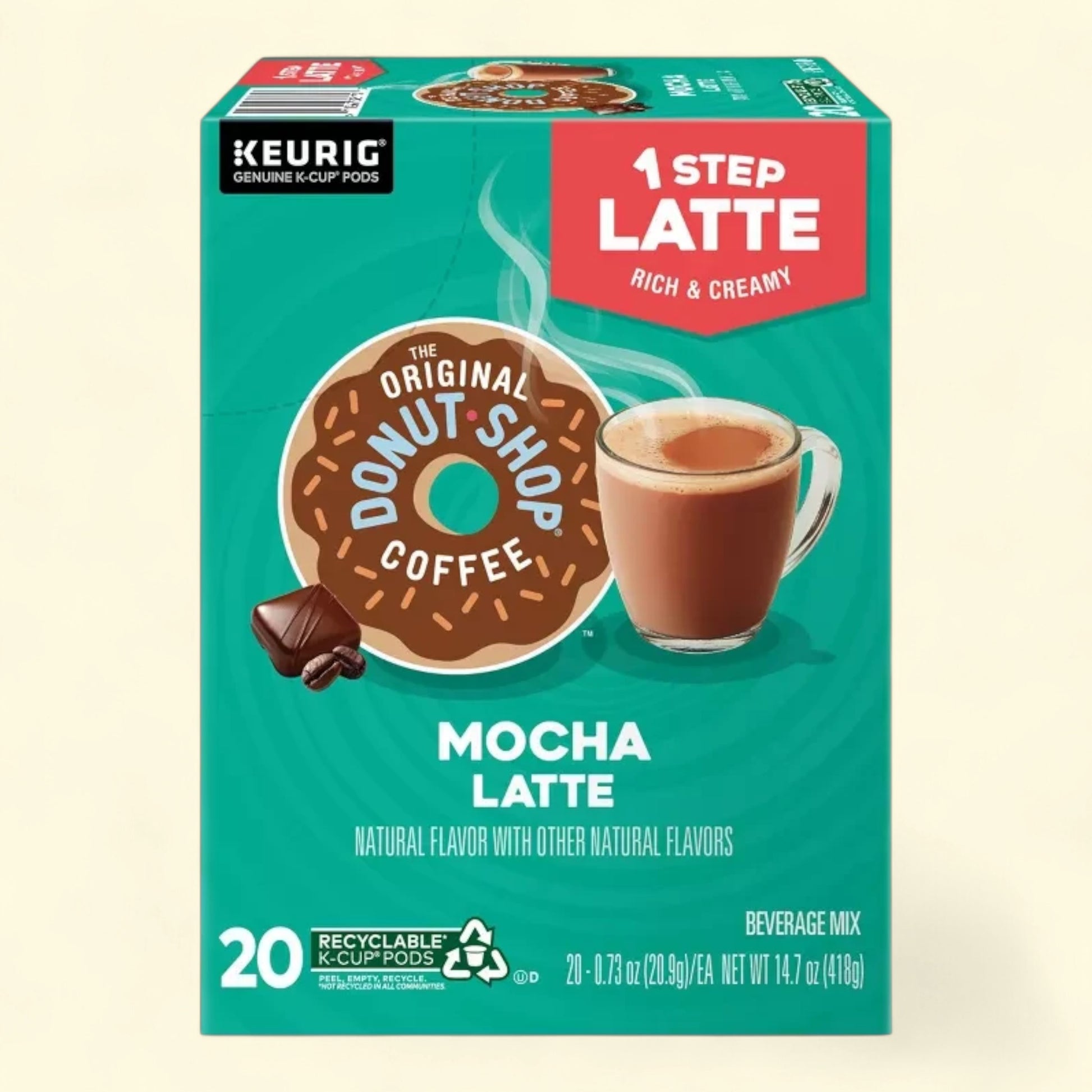 Treatspree The Original Donut Shop One Step Latte Mocha Dark Roast K-Cup Pods, 20 count. Rich and creamy mocha latte with real dairy.