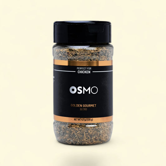 Treatspree Osmo Golden Gourmet Blend for Chicken, a 4.7 oz seasoning with herbs and a black cap.