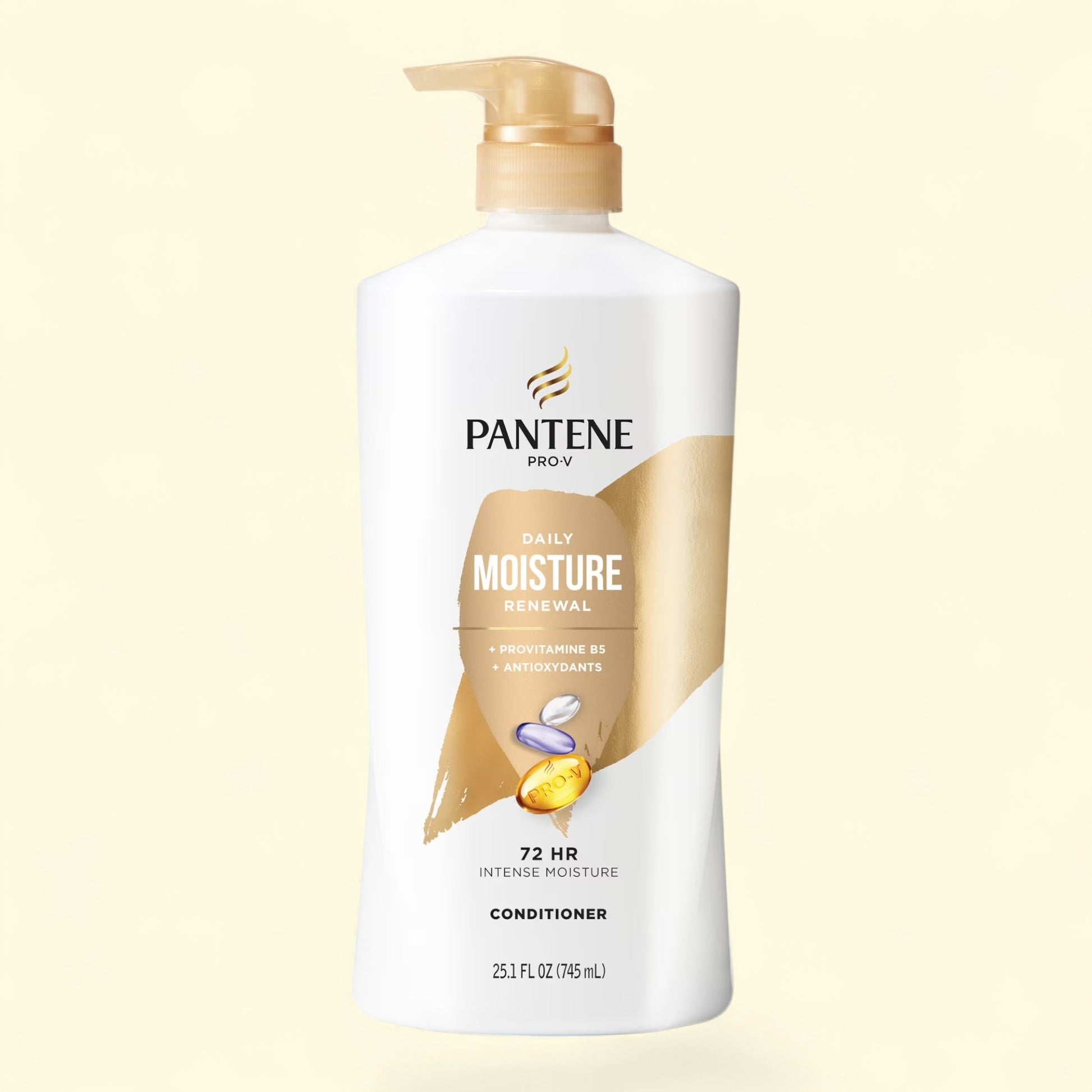 Treatspree Pantene Pro-V Daily Moisture Renewal Conditioner bottle with pump, 25.1 fl oz. White bottle with gold accents.